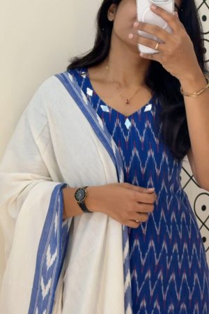Aara015 Ikkat Cotton Blue with White Mirror Work With Embroidery 3 Piece set
