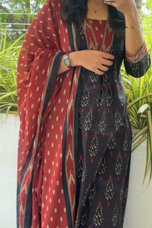 Readymade08  Black with Red Ikkat Cotton 3 piece set
