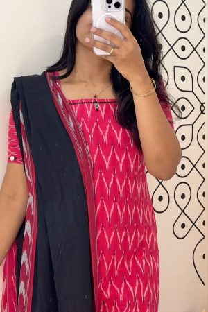Aara016 Ikkat Cotton Pink with Black Mirror Work With Embroidery 3 Piece set