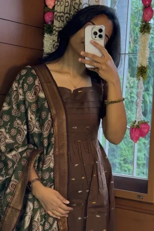 AD012 Butta brown raw silk with mangalagiri Duppata